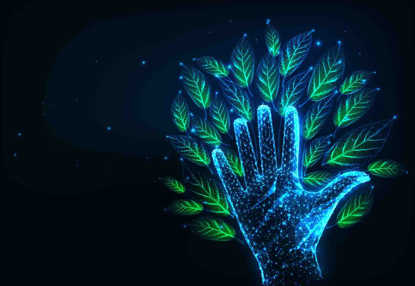 Futuristic environmental responsibility concept with glowing low polygonal tree made of human hand and green leaves on dark blue background. Modern wire frame mesh design vector illustration.